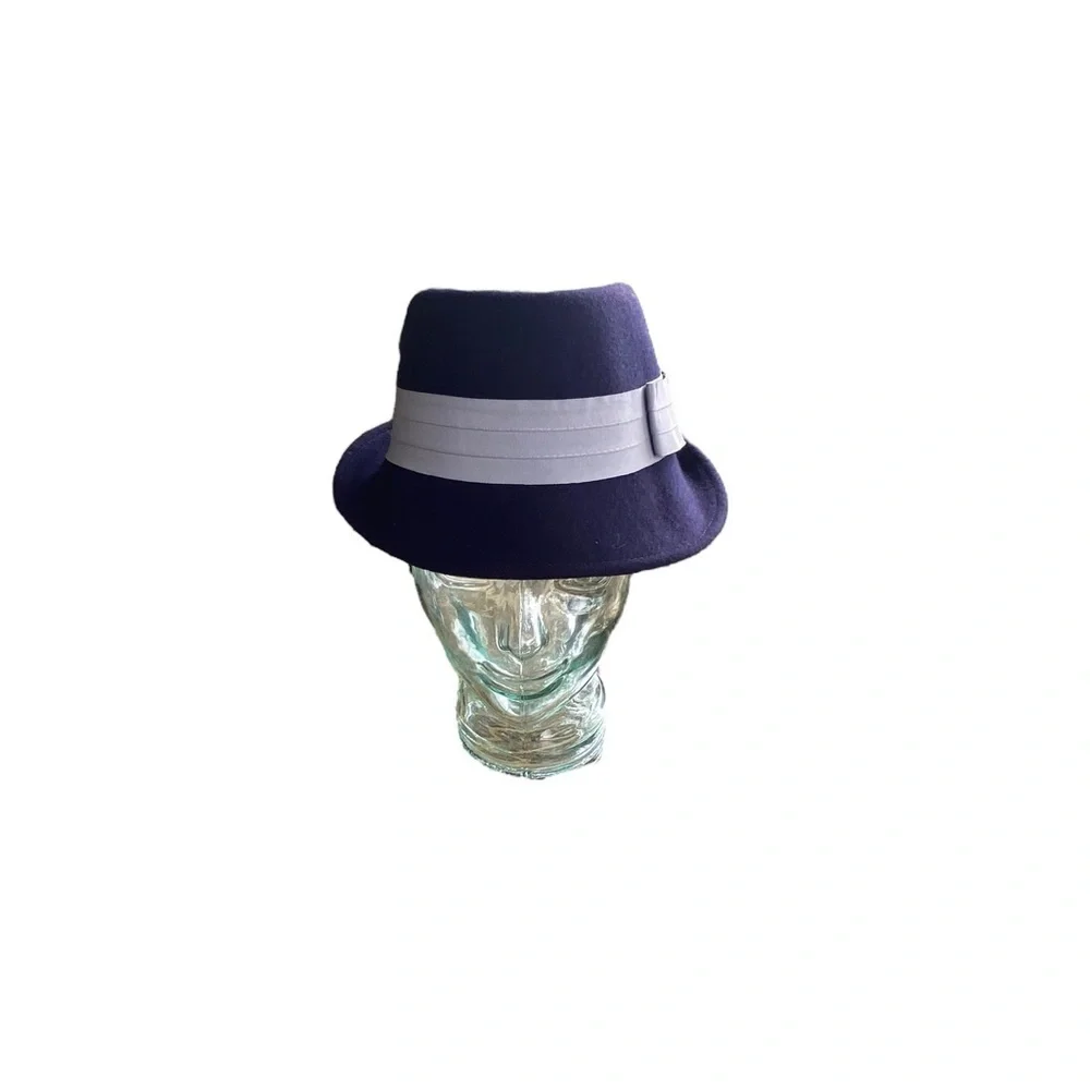 vintage wool felt blue small brim fedora featuring a gray band pork pie hat size